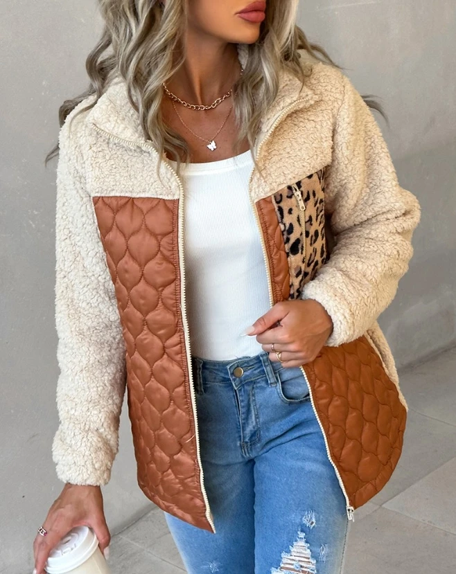 

Jackets for Women Autumn Leopard Patchwork Colorblock Zipper Fly Turn-Down Collar Long Sleeve Fashion Puffer Casual Teddy Coat