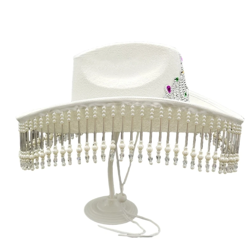 

Rhinestones Fringed Cowgirl Cap for Wedding Wide Brim Cowboy Hat Fashion Nightclub Party Hat Photoshoots Headwear