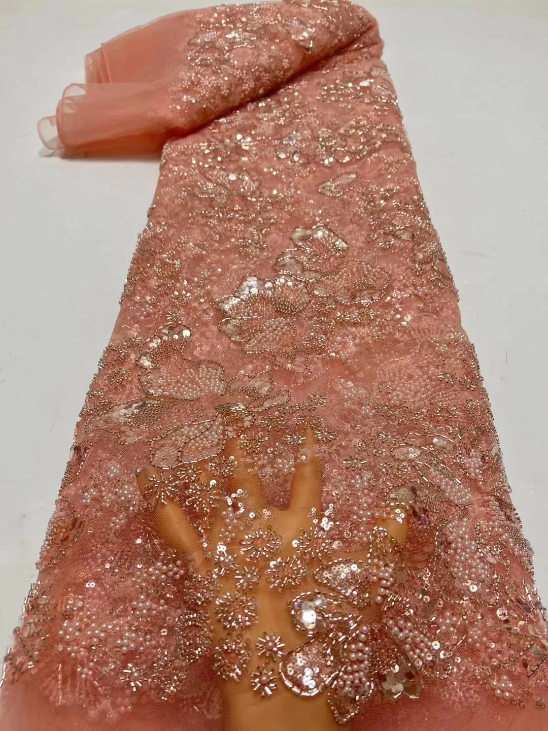 Peach High Quality 2023 African Nigerian Sequins Embroidery Tulle Lace Fabric Guipure Dress Wedding Party Beaded 5Yards
Peach High Quality 2023 African Nigerian Sequins Embroidery Tulle Lace Fabric Guipure Dress Wedding Party Beaded 5Yards