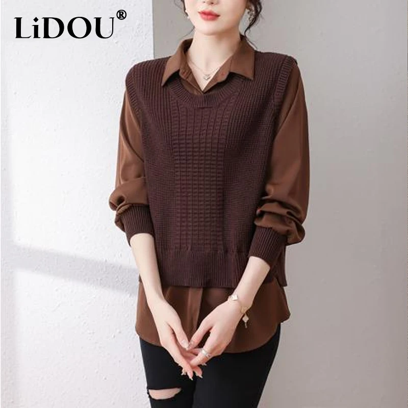 Spring Autumn New Solid Color Fashion Long Sleeve Fake Two Pieces Shirt Women High Street Knitting Patchwork Button Pullovers
Spring Autumn New Solid Color Fashion Long Sleeve Fake Two Pieces Shirt Women High Street Knitting Patchwork Button Pullovers