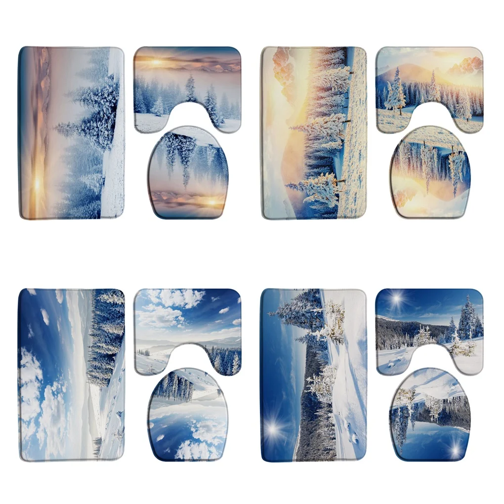 

Winter Pine Tree Sunshine Bath Mat Sets Snowy Landscape Mountains Flannel Carpet Home Kitchen Doormat Bathroom Rug Toilet Cover