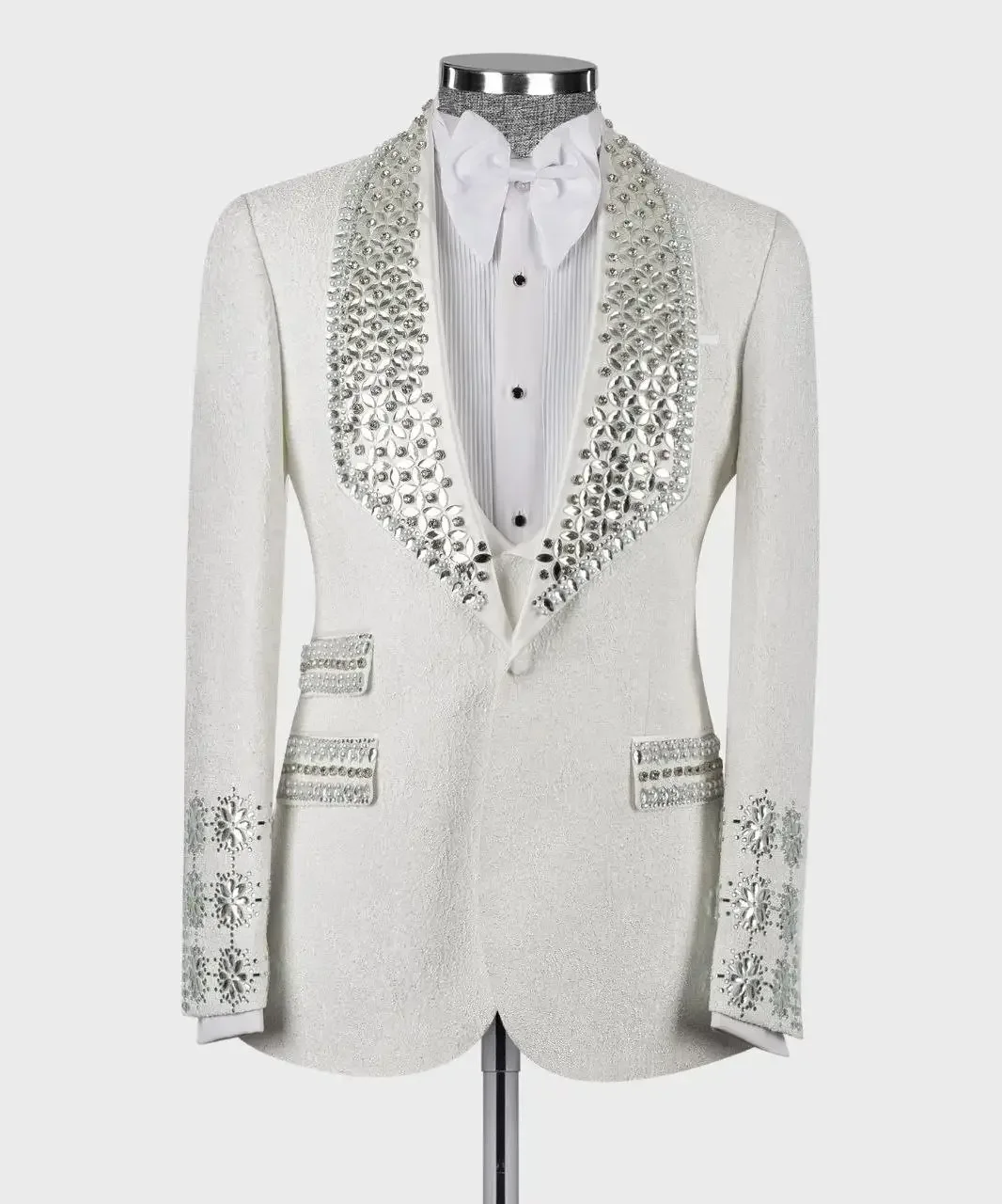 

Shiny White Men Suits Set Custom Made Jacket 1 Piece Blazer Luxury Bridge Catwalk Groom Wedding Tuxedo Single Breasted Coat