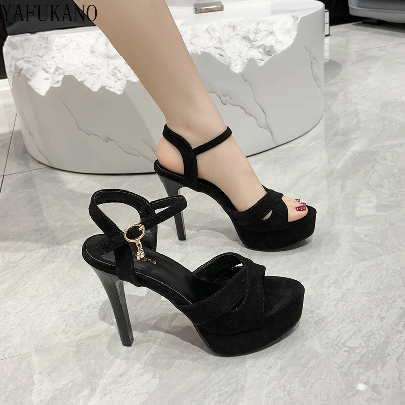 

11cm Suede Open Toe Ankle Strap Stiletto Sandals 2024 New Platform Women Shoes Fashion Cross Belt High Heels Sexy Catwalk Shoes
