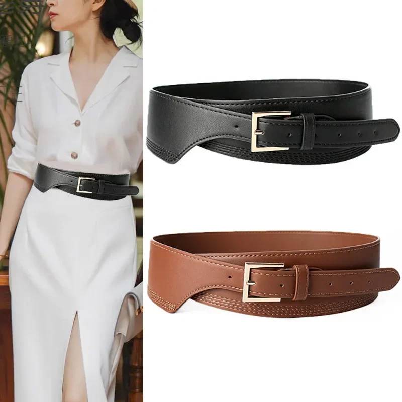 

HOT Faux Leather Waistbands Asymmetrical Black Wide Long Pin Buckle Belt Women New Fashion Cummerbunds Dress Coat Party Decorate