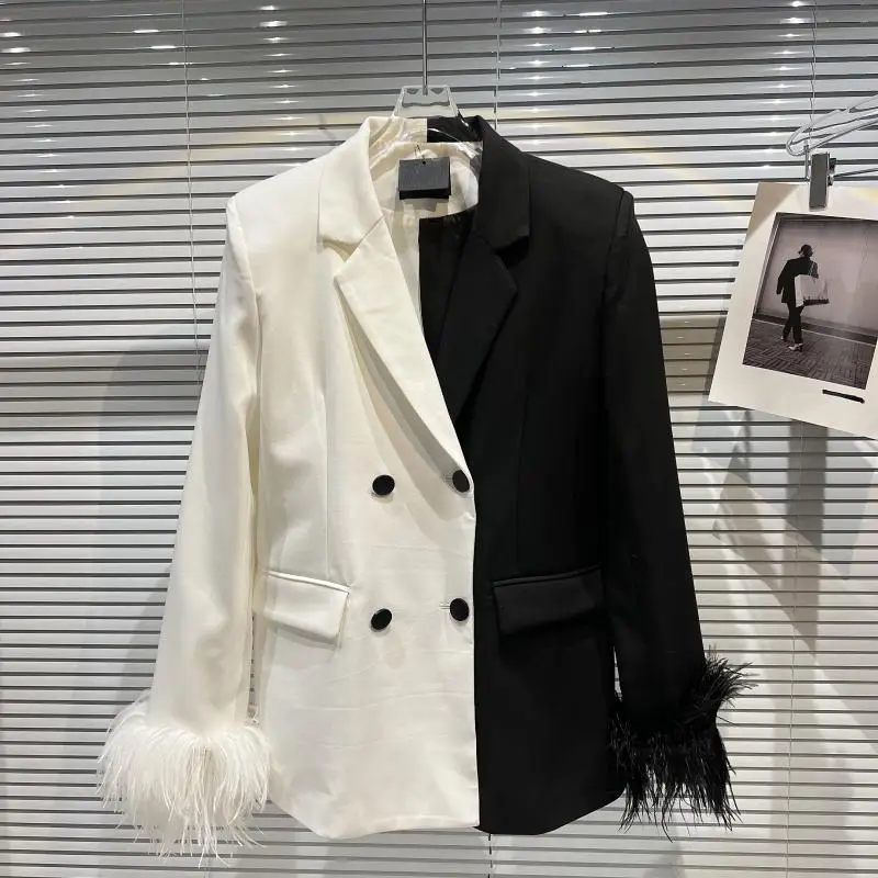 

Women Spring 3D Feather Cuff Black White Contrast Color Blazers Coat Lapel OL Suits Jacket Long Sleeve Loose Cardigan Streetwear