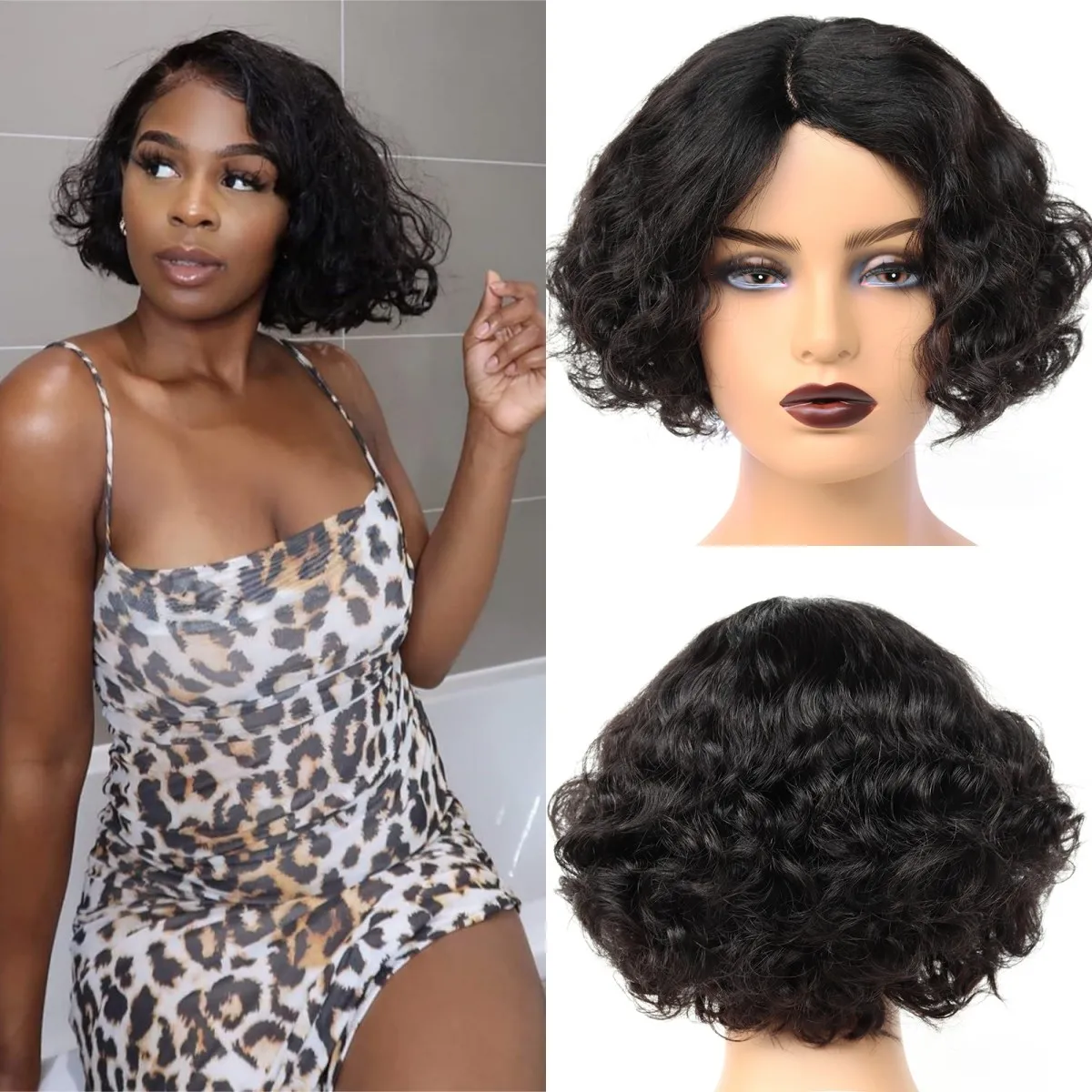 

Black Bob Lace Front Human Hair Wig Short Curly Natural Human Hair Middle Part Daily Use Human Hair for Black Women Afro Wigs