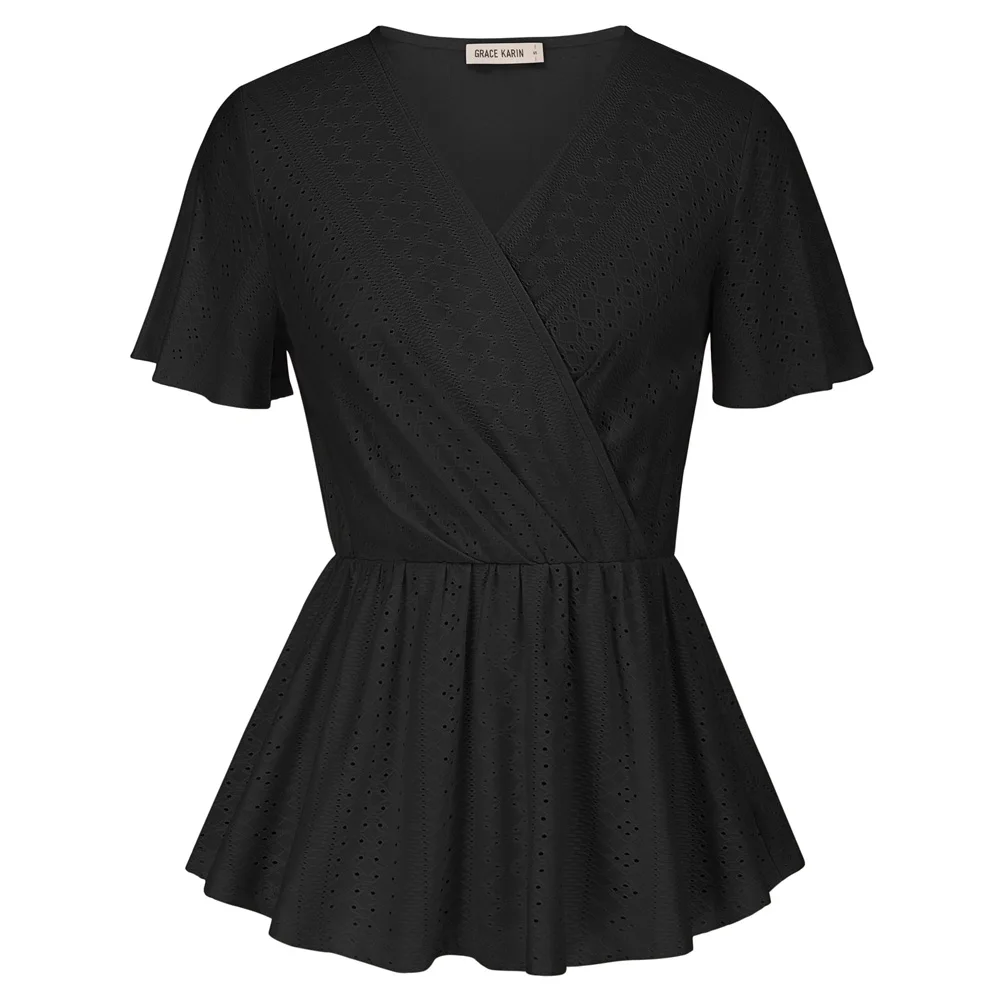 

GRACE KARIN Summer Hollowed Out Peplum Tops Women Short Bell Sleeve V Neck Elastic Waist A-Line Blouses Elegant Streetwear A30