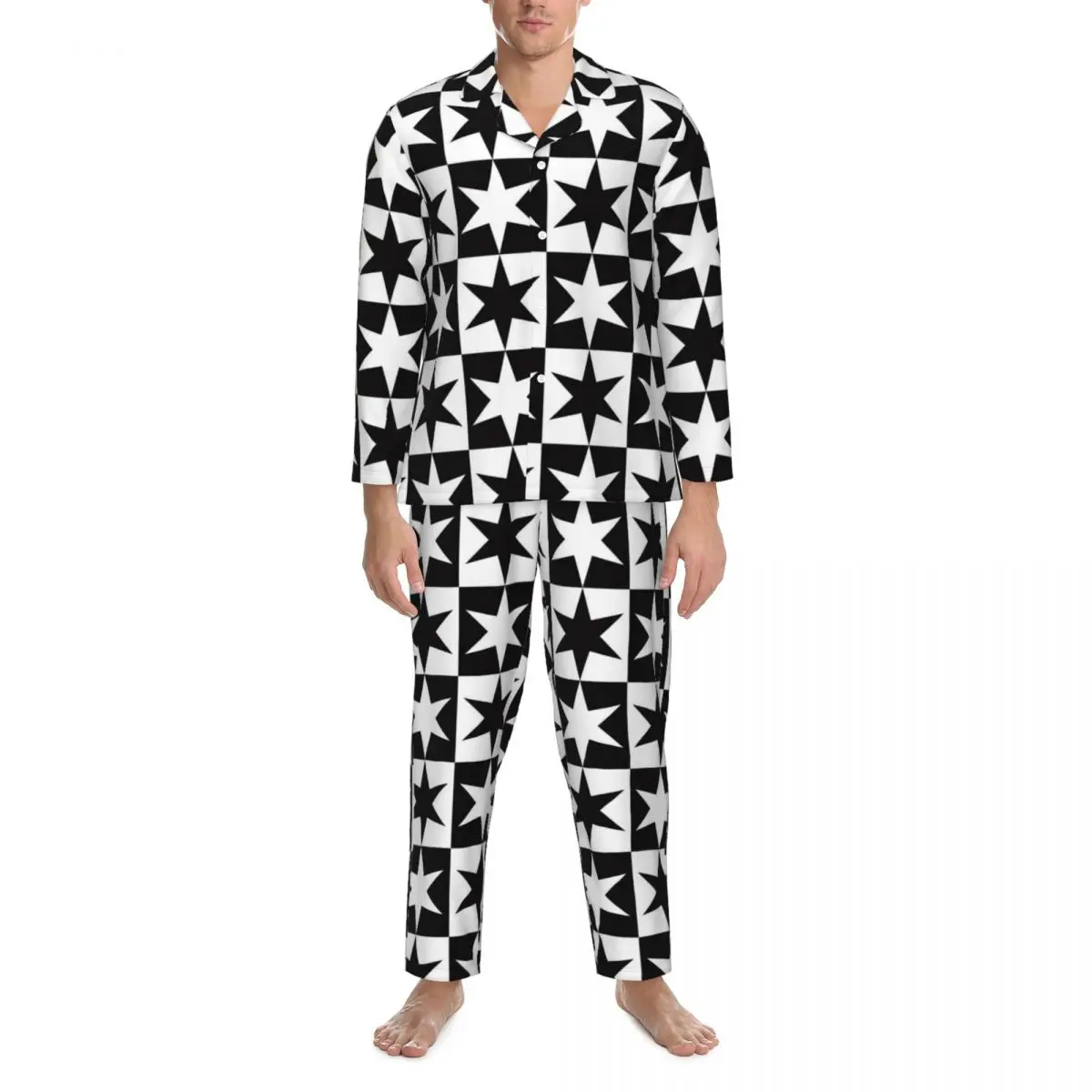

Two Tone Pajama Set Squares And Stars Comfortable Sleepwear Male Long Sleeve Retro Leisure 2 Pieces Nightwear Plus Size