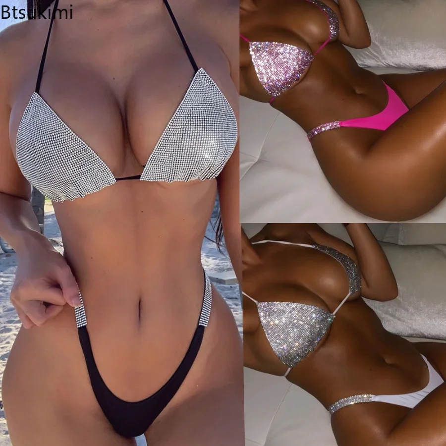 

2024 Women's Sexy Bikini Set Luxury Bling Rhinestone Sliver Crystal Diamond Swimsuit Halter Push Up Bandage Swimwear Bikini Set