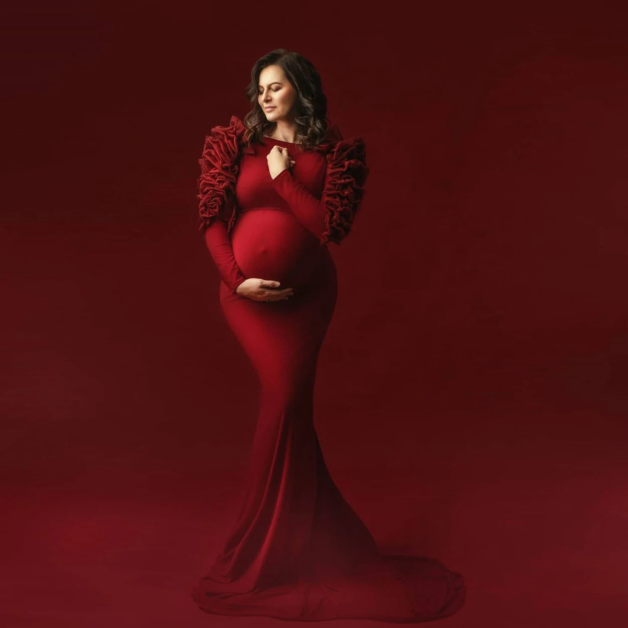

Photoshoot Stretchy Maternity Dresses Burgundy Mermaid Maternity Dress Full Sleeve Baby Shower Pregnant Dress Ruffled Shoulder