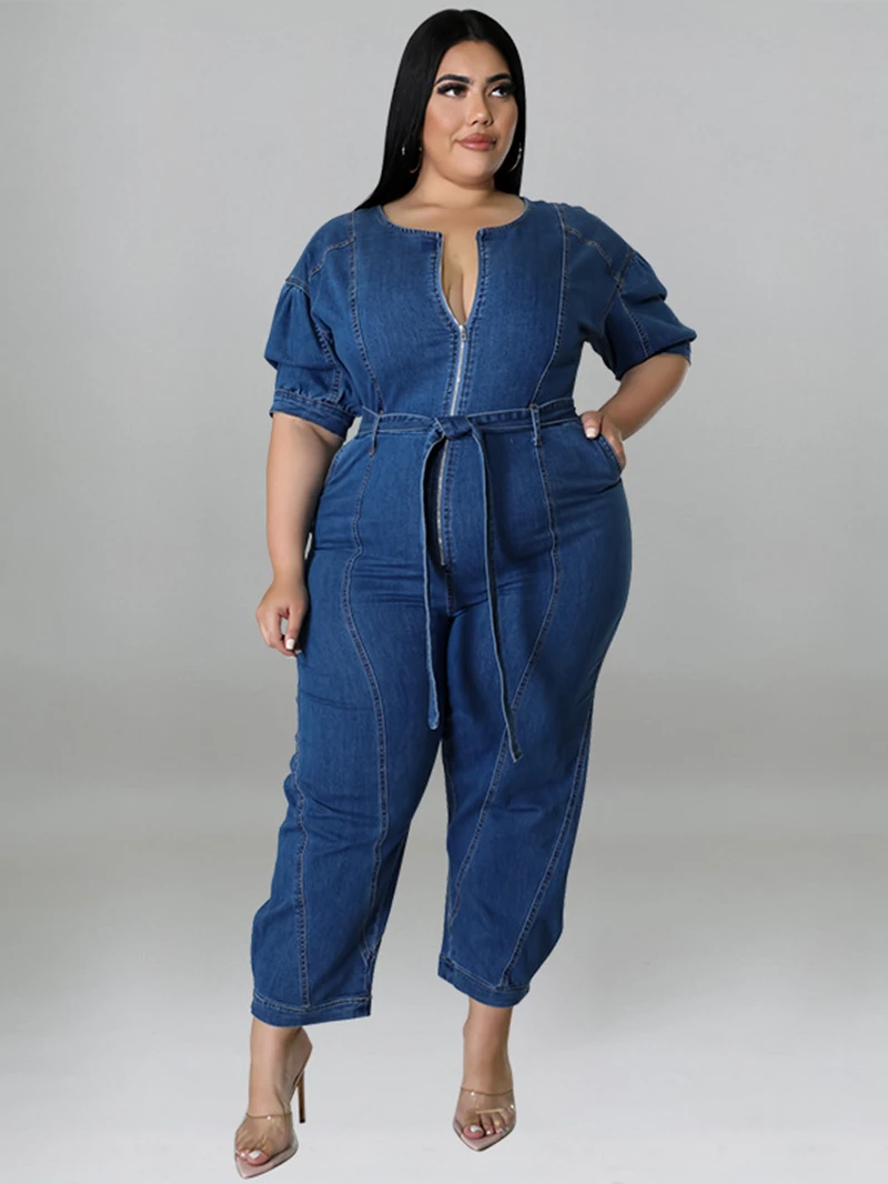 

Streetwear Jean Jumpsuits Women Summer Clothes Half Sleeve With Sashes Zip Up Denim Rompers Playsuits One Piece Overalls Outfits