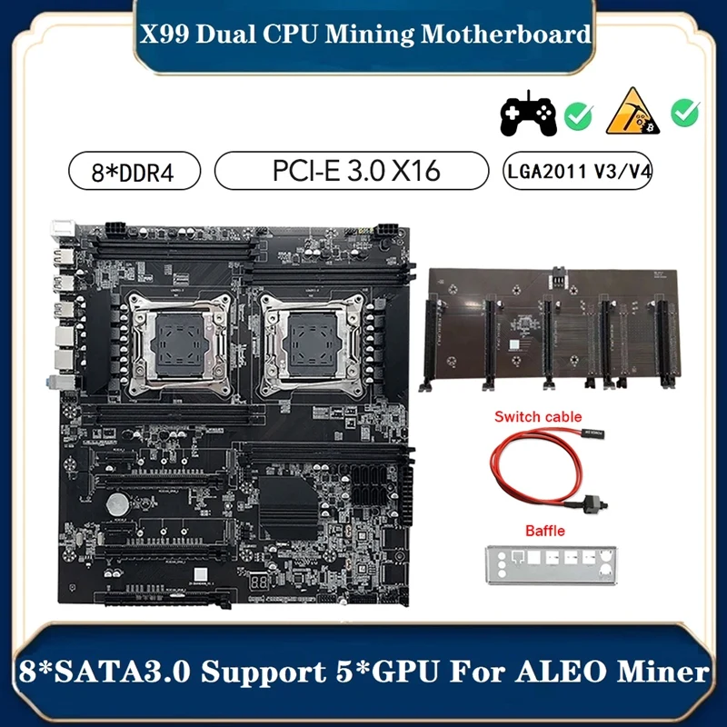X99 Dual Motherboard CPU Motherboard +Switch Cable+Baffle LGA2011 V3/V4 8XDDR4 RAM Slot PCIE 16X 8XSATA3.0 Supports 5 GPU
X99 Dual Motherboard CPU Motherboard +Switch Cable+Baffle LGA2011 V3/V4 8XDDR4 RAM Slot PCIE 16X 8XSATA3.0 Supports 5 GPU