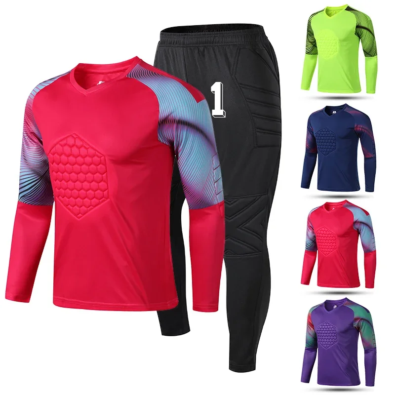 

New Men's Adult Soccer Goalkeeper Uniform Protective Sponge long Sleeve Kid Training Football Goalkeeper Soccer Jersey Top Pants