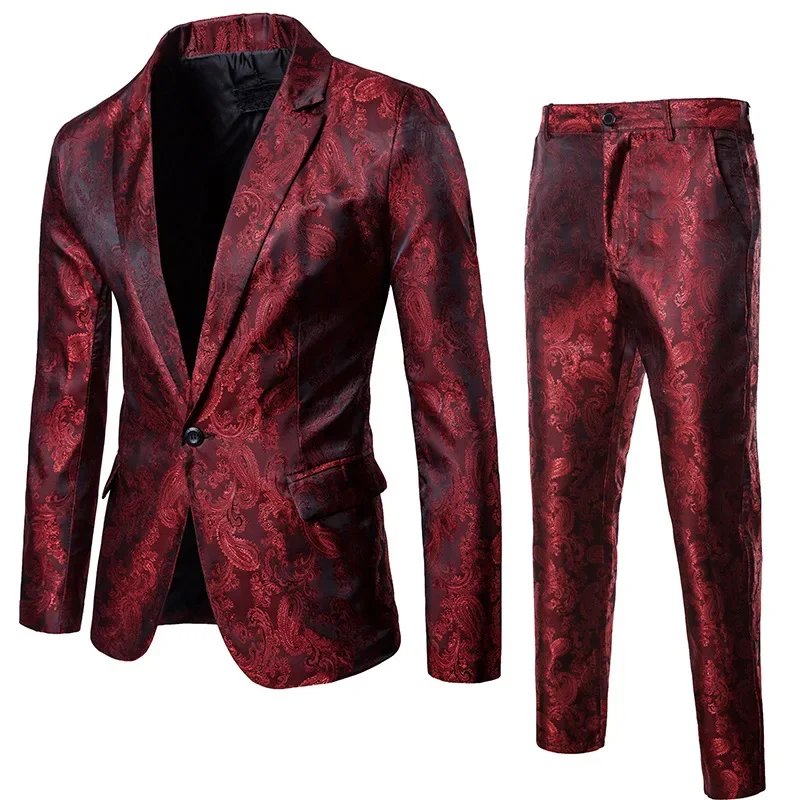 

High Quality Men's Classic Jacquard Suit Set 2pieces (Blazer+pants) Luxury Fashion Business Slim Social Ball Tailcoat