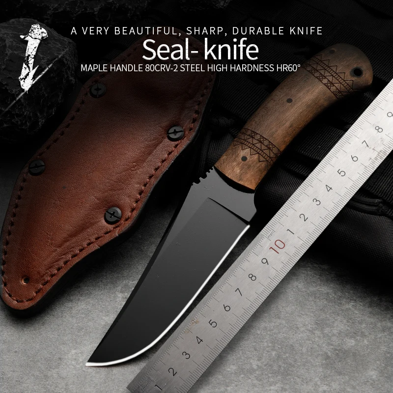 

Sharp Blade Fixed Knife Stone Wash 80CRV2 Blade Safari Survival Tactics Outdoor Straight Knife Tools with Black Maple Handle