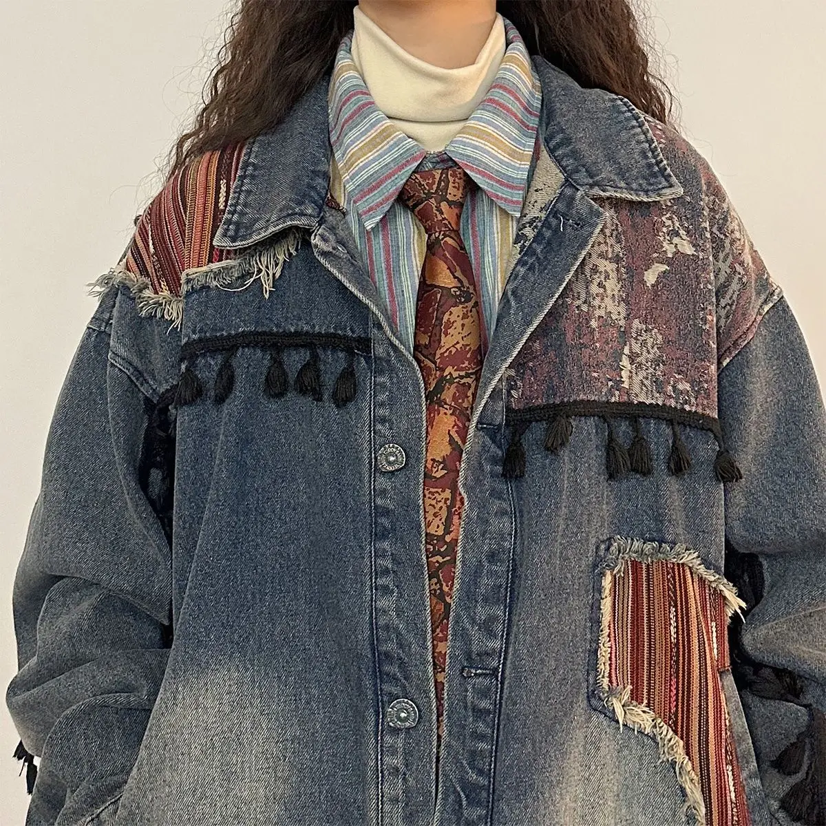 

New American Retro Distressed Patch Patchwork Denim Jacket for Women Instagram Spring and Autumn Loose Design Feeling Niche Top
