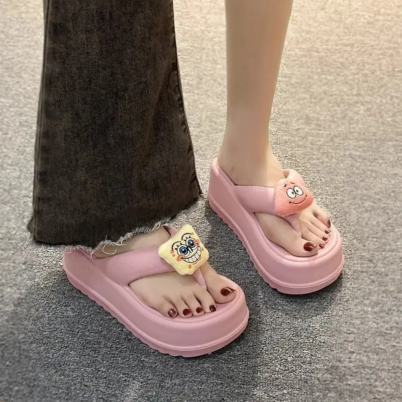 

2024 New Spongebob Patrick Star Kawaii Summer Ladies Flip Flops Cartoon Increase Height Anti-Slip Slippers Cute Outdoor Sandals