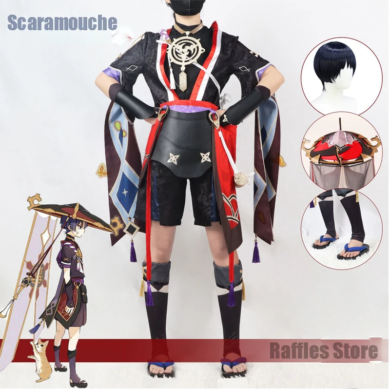 

Женский костюм для косплея Genshin Impact Scaramouche Wanderer, парик Balladeer Kunikuzushi, черные Костюмные туфли Inazuma, Хэллоуин