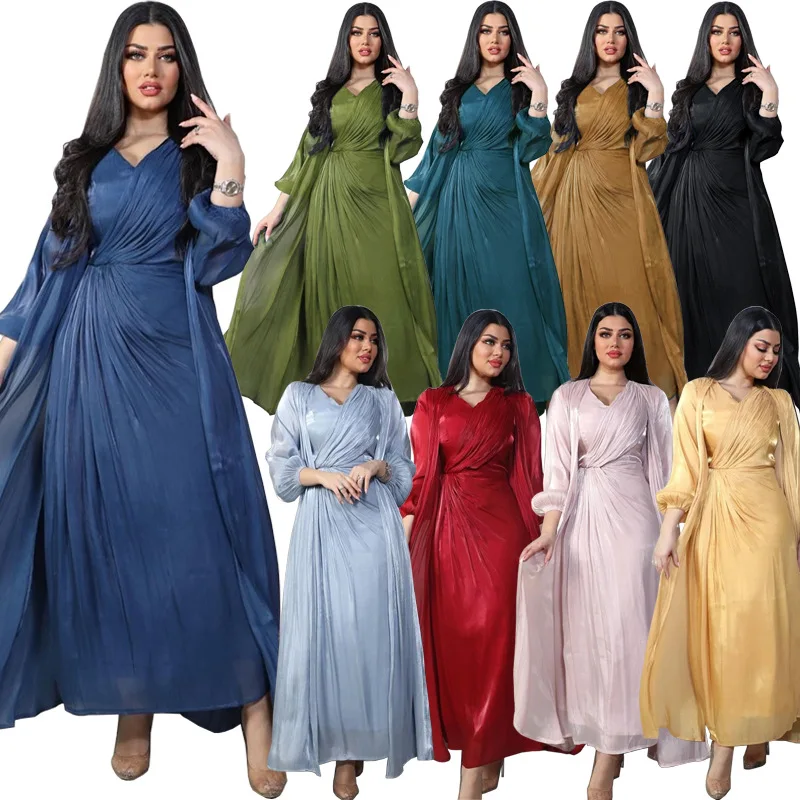 

Middle East Modest Bright Silk Dresses Dubai Muslim Turkish Robe Fashion Abaya Feminine Two-piece Set Dress with Cardigan