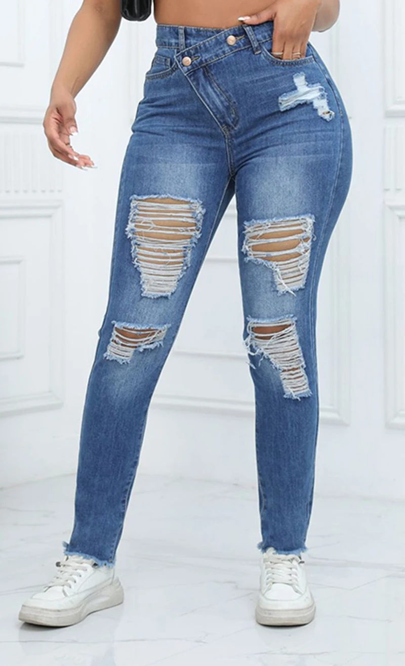 

Women Casual Jeans Hiphop Slim Ripped Knee Holes Distressed Vintage Tassel Bleached High Waist High Elastic Fit Female 81Y15