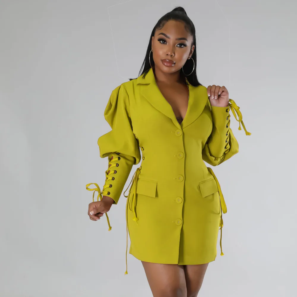 Autumn Streetwear Mini Dress Fashion Lace Up Puff Long Sleeve Office Lady Blazer Dresses Female Casual Yellow Shirt Dress 2022 
Autumn Streetwear Mini Dress Fashion Lace Up Puff Long Sleeve Office Lady Blazer Dresses Female Casual Yellow Shirt Dress 2022