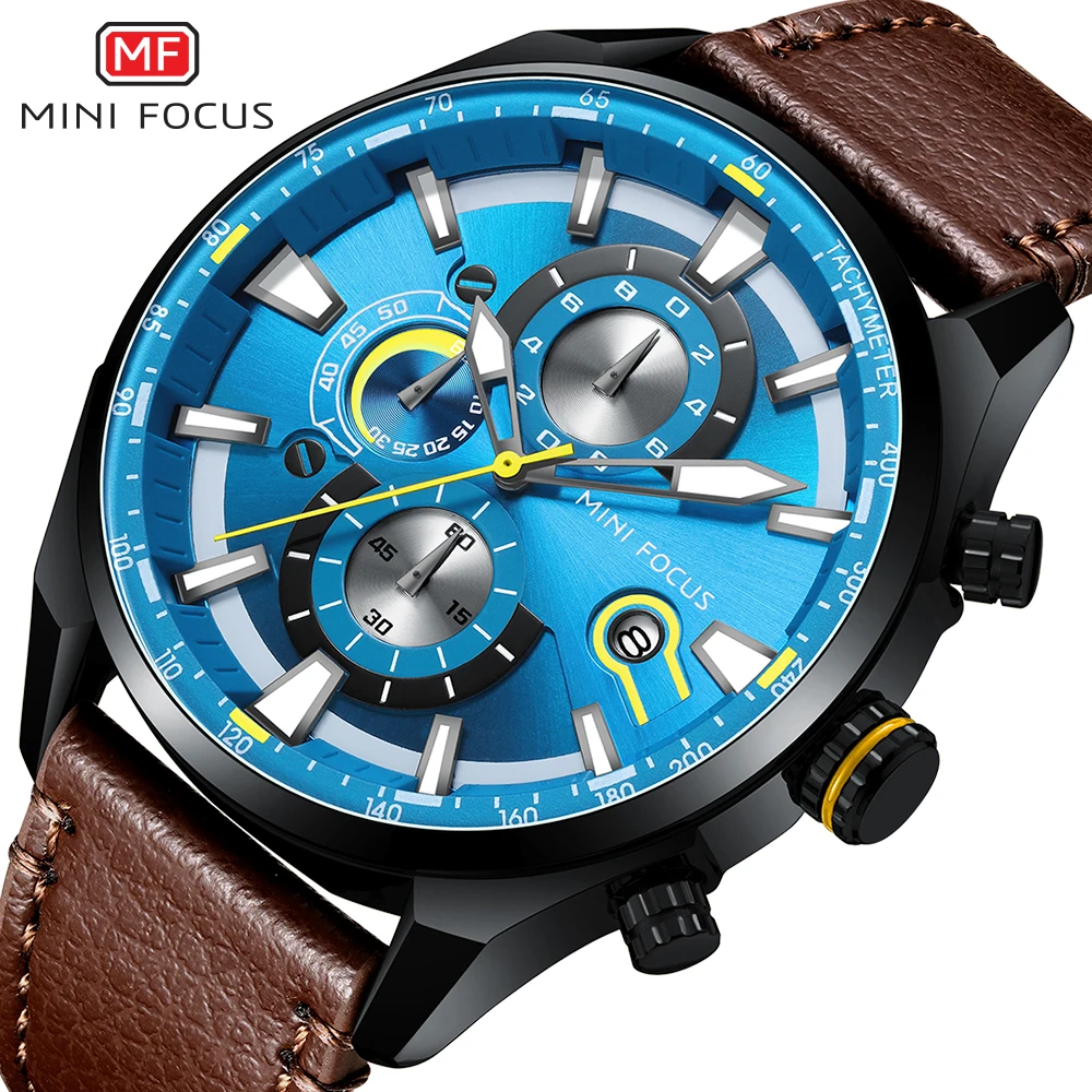 

MINI FOCUS Mens Quartz Wristwatches Sports 1/10 Second Sub-Dials Waterproof Watches Casual Leather Strap Luminous Quartz Watch