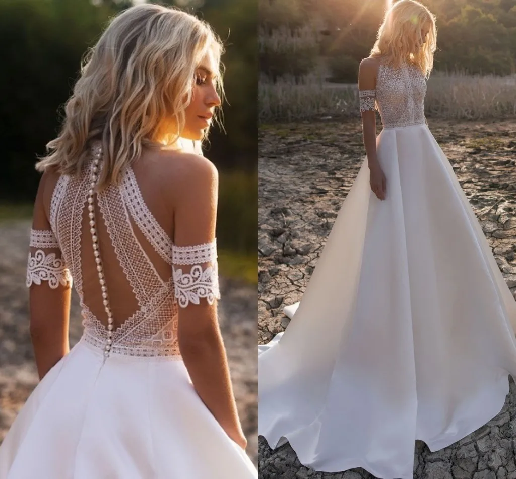 

New Boho A Line Wedding Dress Halter Lace Satin Illusion Back Bridal Gowns 2022 Robe Mariage Vestidos De Noiva