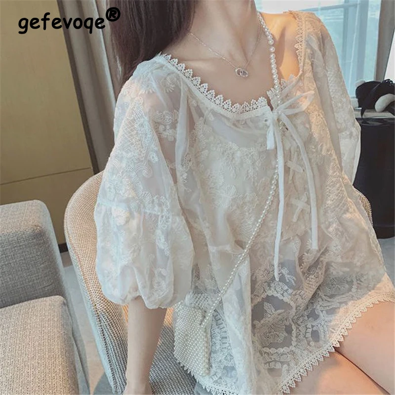 

Women Lace Embroidery Bandage Kawaii Sheer Thin Blouse Summer Korean Style Sweet Chic Shirts Short Sleeve Y2K Tops Blusas Mujer