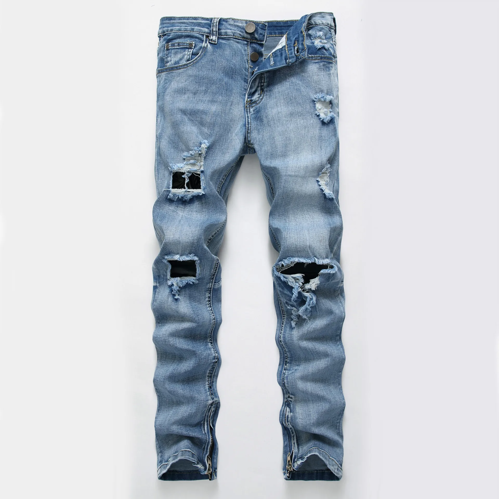 Men's Ripped Trousers with Big Zipper and High Stretch Jeans Stitching Light Buttons Slim Men's Trousers
Men's Ripped Trousers with Big Zipper and High Stretch Jeans Stitching Light Buttons Slim Men's Trousers