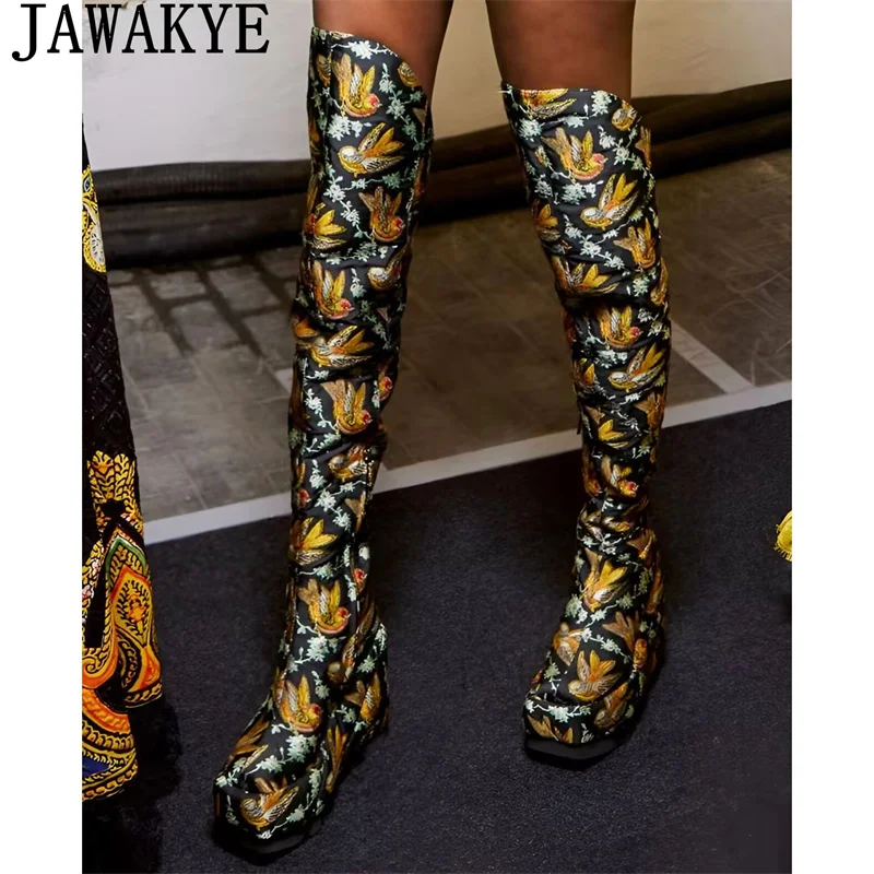 

Mixed Color Embroidery Over Knee High Boots Women Thick Sole Platform Wedge-soled Long Boots 2023 Sexy Fashion Week Boots Woman