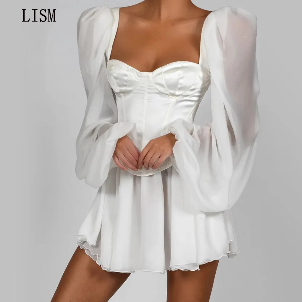 

LISM Sweetheart Chiffon Puffy Sleeves Wedding Dress Mini Draped Pretty Bridal Princess Dresses Sexy Women Robe De Mariée 2024