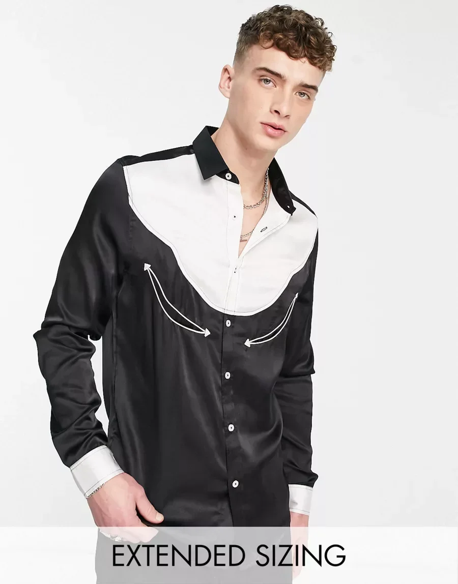 

S-6XL 2024 New Men Women's Clothing Hair Stylist Catwalk Black White Contrast Satin Long-sleeve Shirt Lovers Plus Size Costumes