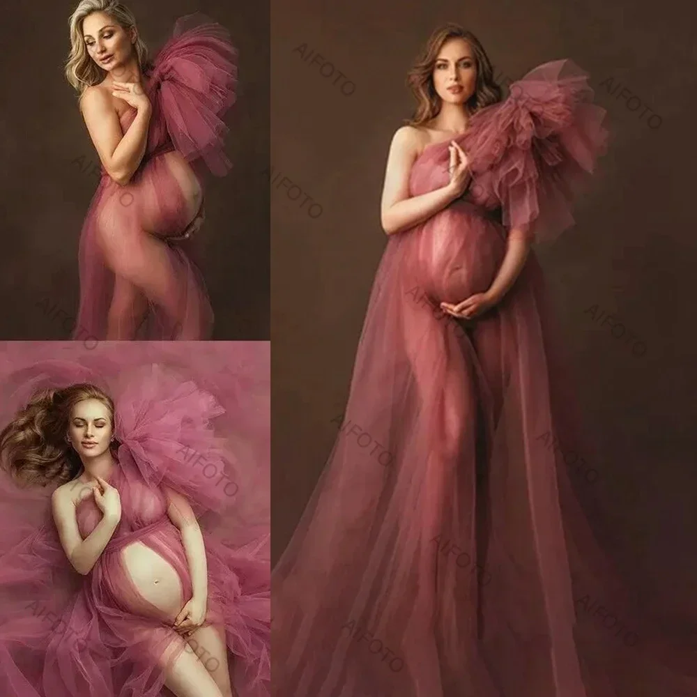 

One Shoulder Maternity Dresses Photoshoot Tulle Sexy Pregnant Women Photography Dress High Split Long See Thru Mesh Ruffles Gown