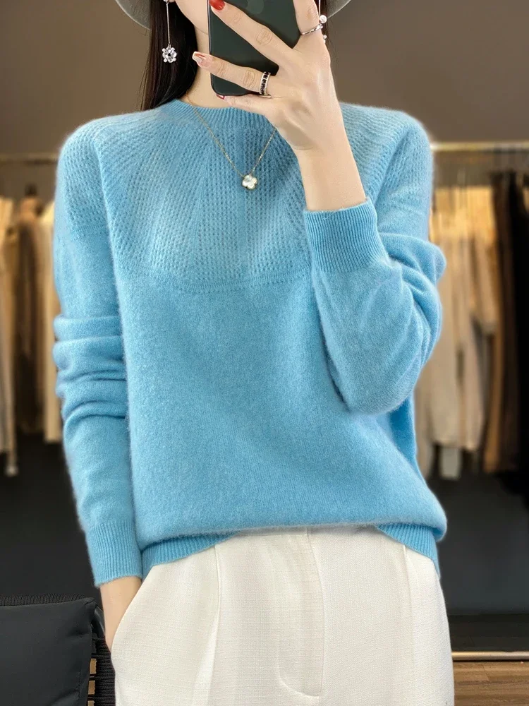 

Autumn Winter Women Sweater O-Neck Long Sleeve 100% Merino Wool Hollow Solid Pullovers Cashmere Knitwear Korean Fashion
