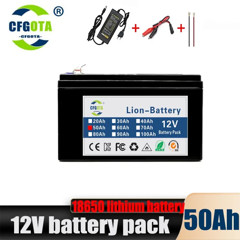 

12V 50Ah 18650 lithium battery for Solar Panels 30A built-in high current BMS electric vehicle battery +12.6V charger