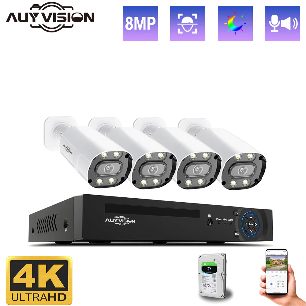 

4CH 4K 8MP POE NVR Camera CCTV Kit Color Night Vision Two-Way Audio IP Camera Video Surveillance Security Protection System Set