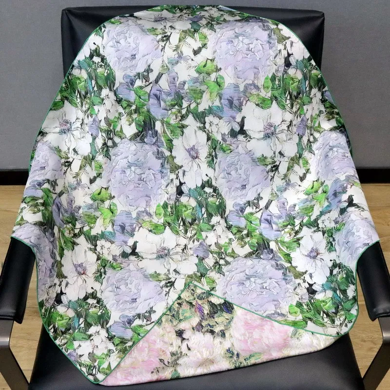 

High-end Elegant Women Fine Oil Painting Hydrangea Double-sided Print Quality 18MM Twill Silk Hand-rolled Edge Large Scarf Shawl