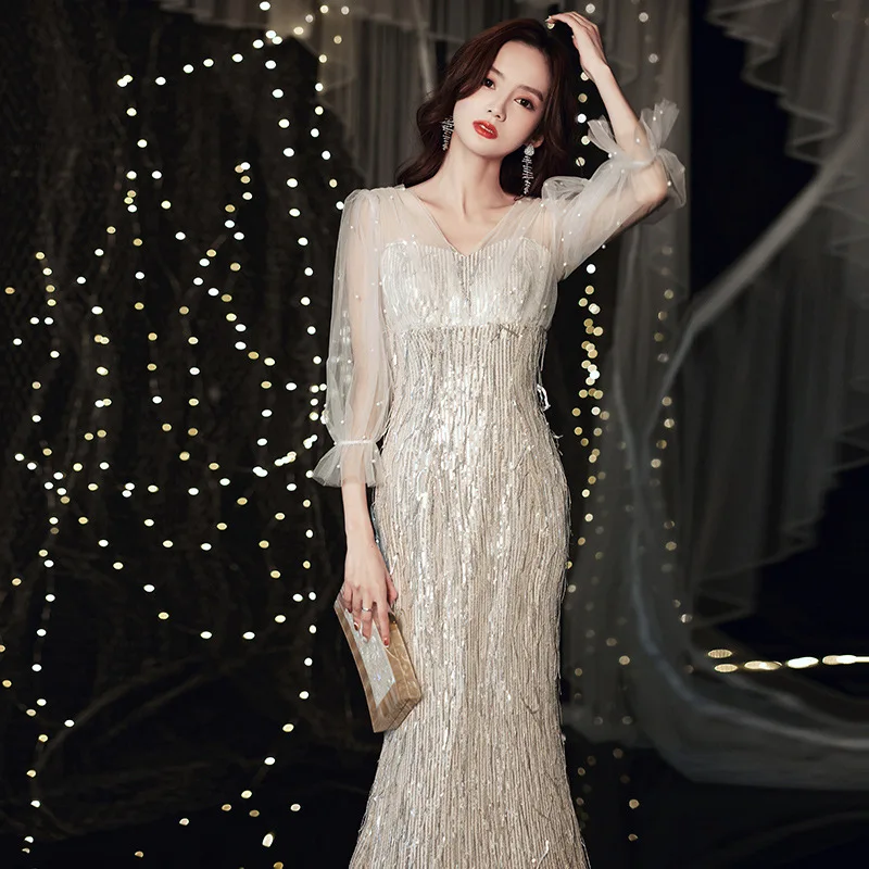 

Sequins Tassel Prom Gown Women V-neck Seven Sleeve Applique Evening Dress Elegant Exquisite Slit Fishtail Cocktail Dresses