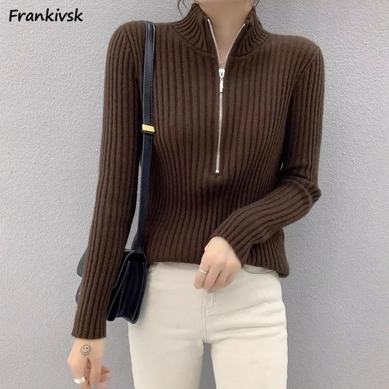 

Mock Neck Sweaters Women 6 Color Textured Simple Half Zipper Design Chic Daily Korean Commuting Style Ladies Long Sleeve Cozy