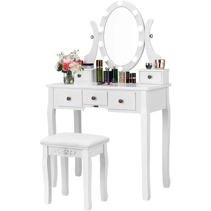 VIVOHOME Makeup Vanity Set with 10 Dimmable LED Bulbs, Dressing Table with 360° Rotating Lighted Mirror and Cushioned Stool
VIVOHOME Makeup Vanity Set with 10 Dimmable LED Bulbs, Dressing Table with 360° Rotating Lighted Mirror and Cushioned Stool