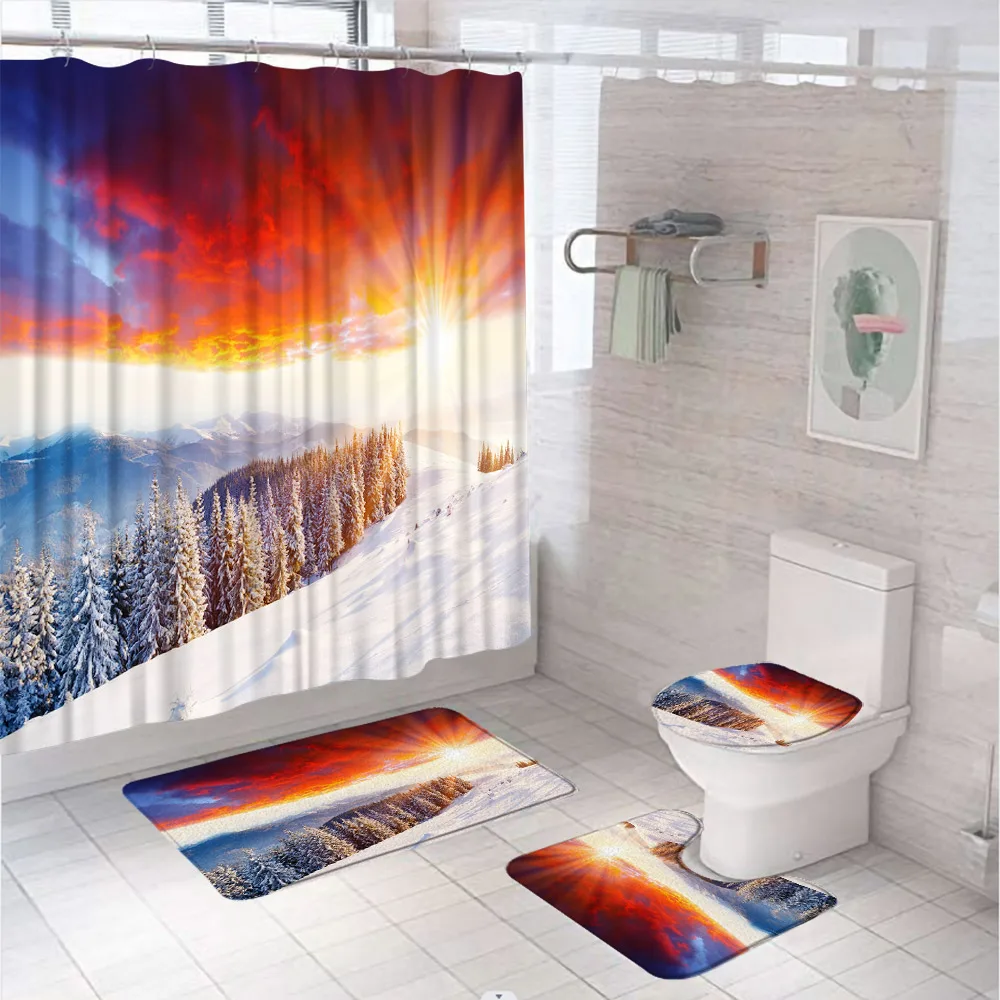 

Winter Farmhouse Christmas Shower Curtain Set Rustic Snowy Pine Tree Forest Sunset Nature Scene Bathroom Mats Rugs Toilet Cover