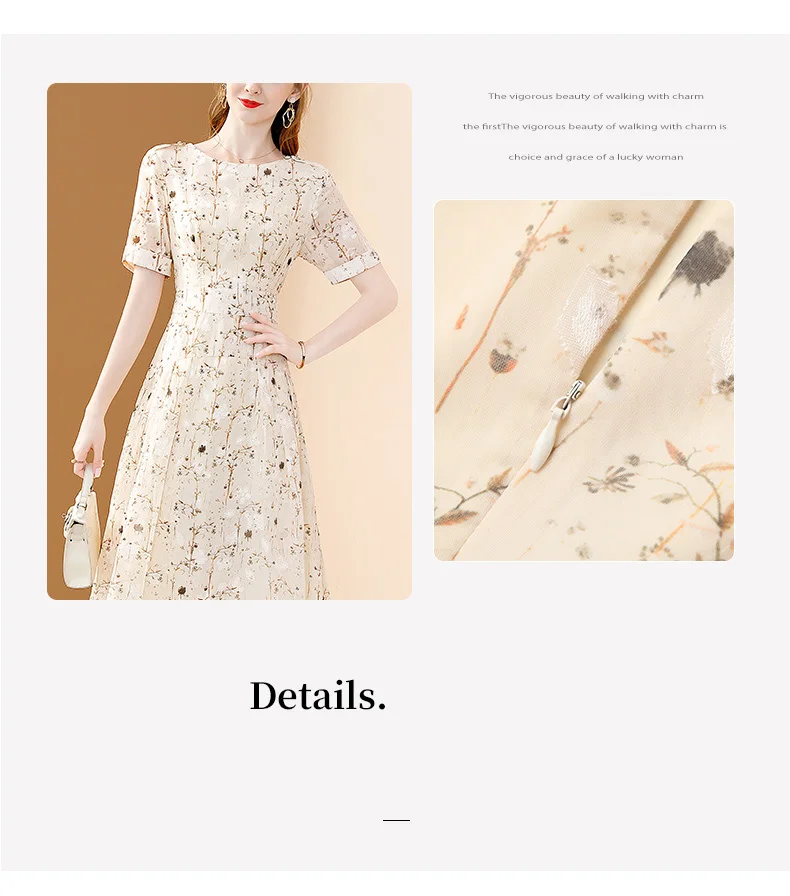 EVNISI Chic Floral Printing Women Chiffon Dress O-Neck Elegant Apricot Office A-LINE Dresses Fairy For Women Slim Party Vestido EVNISI Chic Floral Printing Women Chiffon Dress O-Neck Elegant Apricot Office A-LINE Dresses Fairy For Women Slim Party Vestido