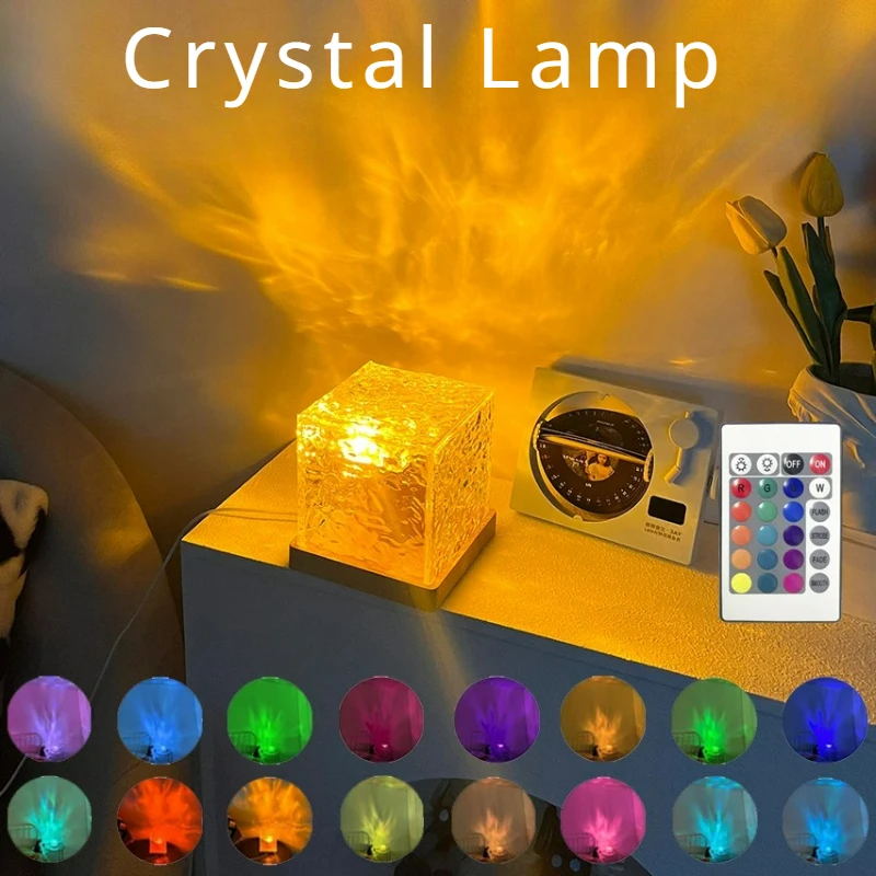 

3/16 Colors Dynamic Rotating Water Ripple Projector Night Light Flame Crystal Lamp for Living Room Study Bedroom Bedside Decor