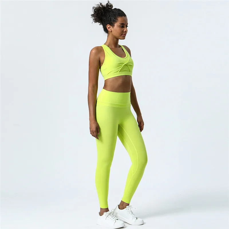 

Solid Color Gym Yoga Set Tight Leggings Sports Fitness Cross Bra Top 2pcs Soft Sport Suit Comprehensive Training Women Sportwear