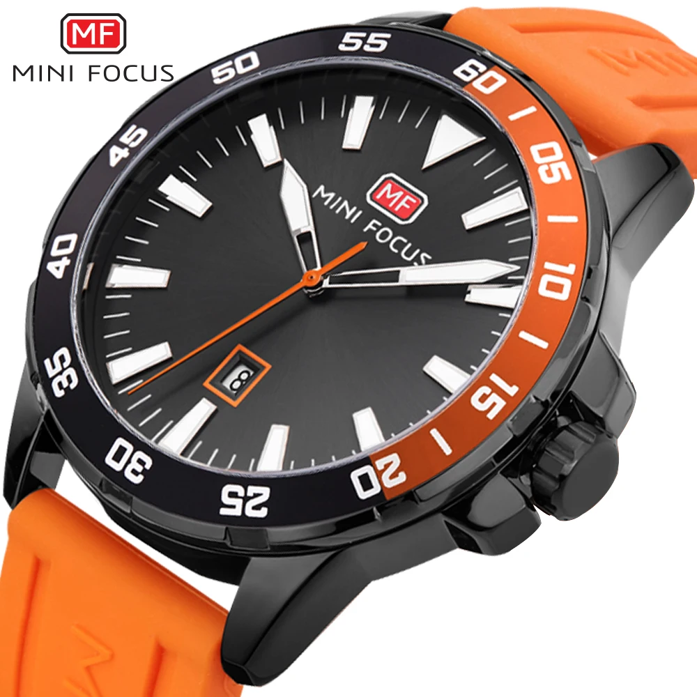 

MINI FOCUS Business Mens Quartz Wristwatches Luminous Hands Calendar Orange Casual Silicone Strap Fashion Luxury Brand Men Watch