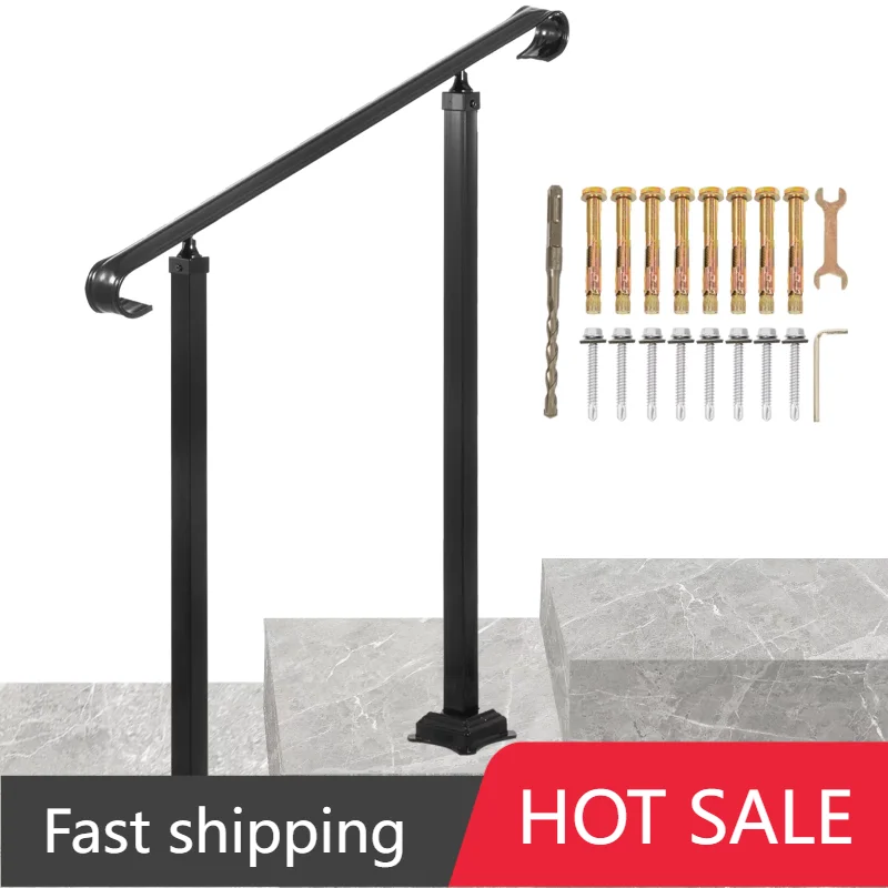 

Handrail for Stairs Fit 1 or 2 Steps Wrought Iron Handrail,Outdoor Stair Railing, Height Adjustable Front Porch Hand Rail, Black