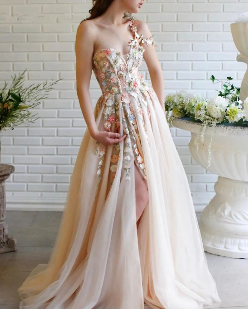 

A-Line Champagne Split Appliques Flowers Prom Dresses Sweetheart Party Night Long Vestidos Gala Lace Evening Gown Robe De Soiree