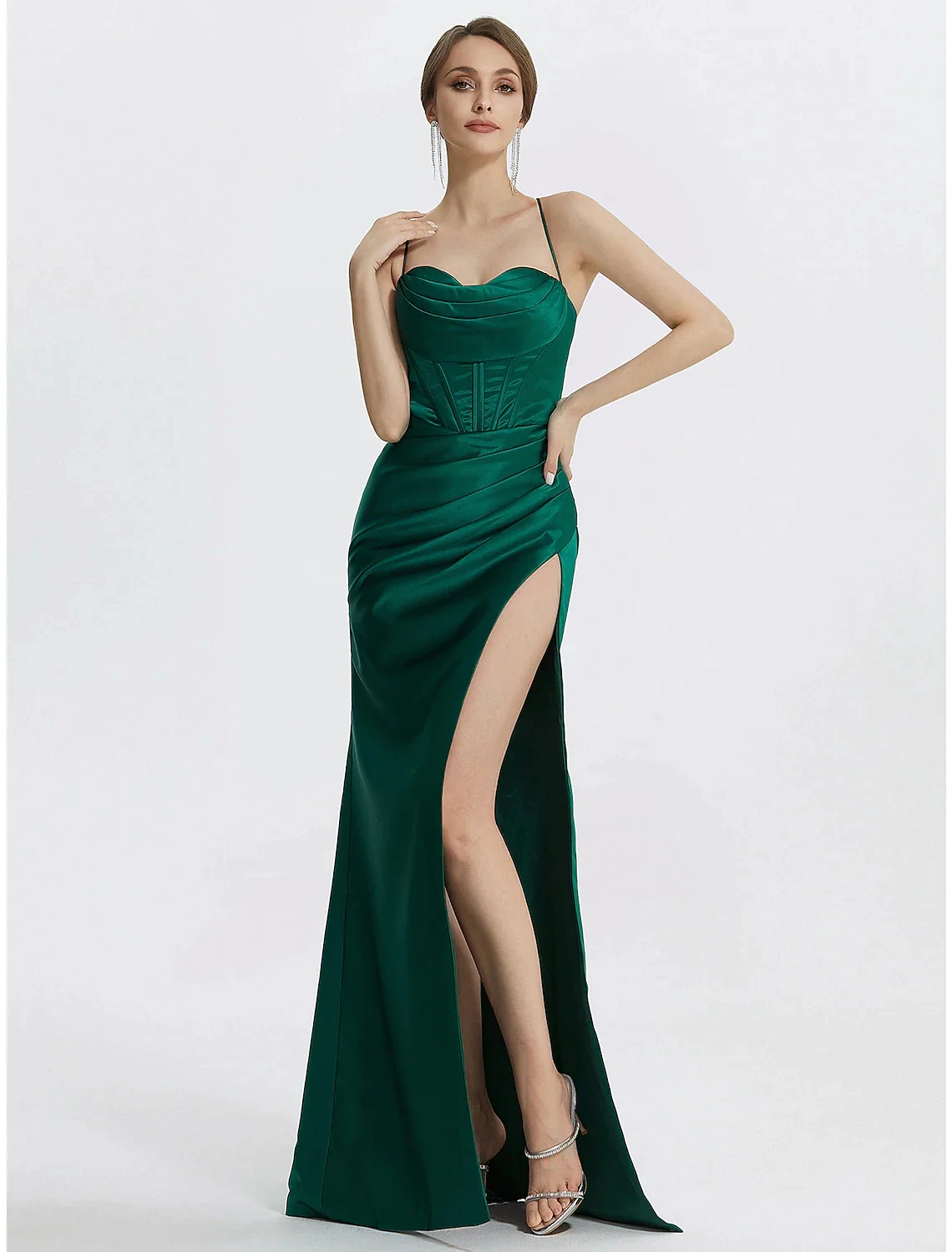 

Sexy Long Satin Off Shoulder Evening Dresses With Slit Mermaid Pleated Corset Back Prom Dress Abendkleider for Women فساتين سهرا