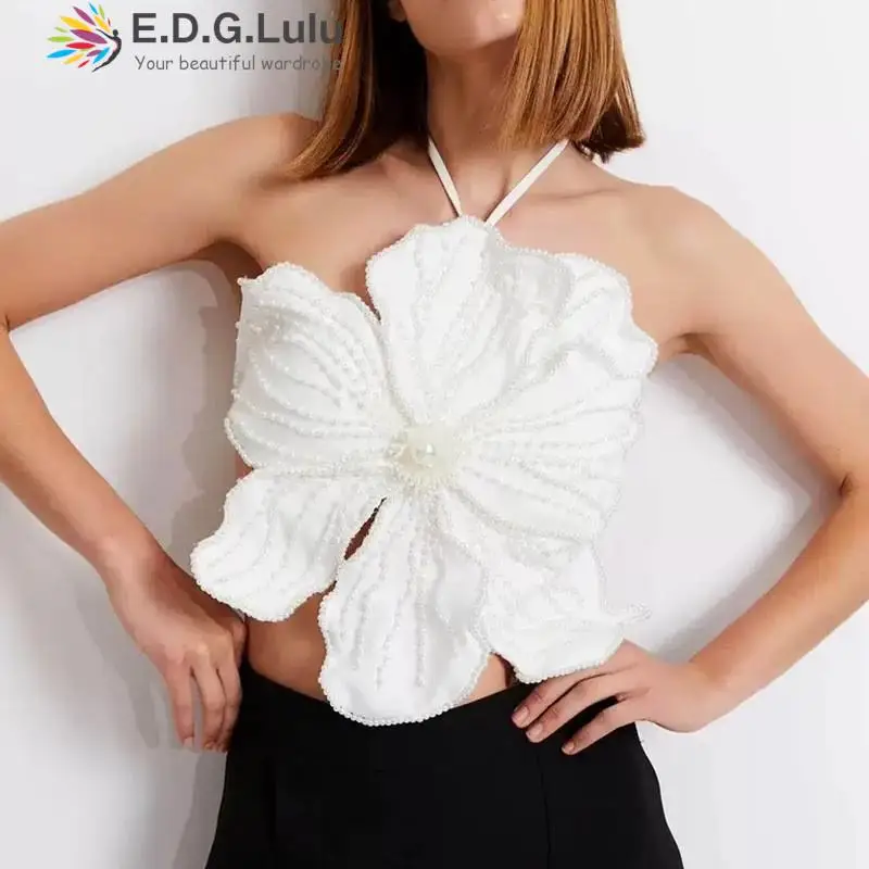 

EDGLuLu 2024 Summer New Sexy Pearl Inlaid 3d Flower Splicing Design Feeling Top Lace-Up Backless Bra Tie Up Top For Women 0403