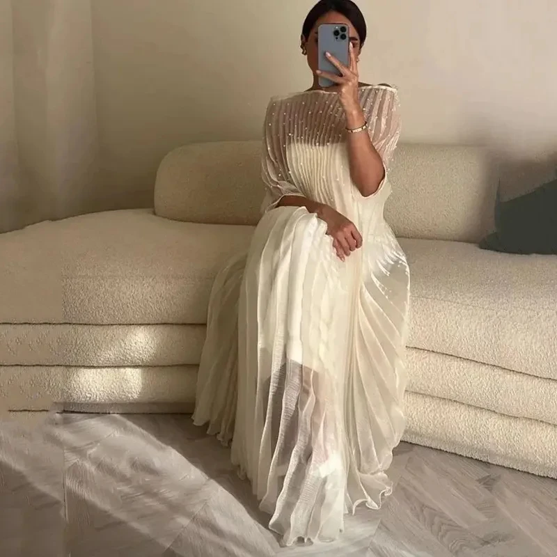 Exquisite Satin Short Shoulder Prom Dresses 2024 Straight Pleated Sequined Evening Party Dress O-Neck robes de soirée
Exquisite Satin Short Shoulder Prom Dresses 2024 Straight Pleated Sequined Evening Party Dress O-Neck robes de soirée